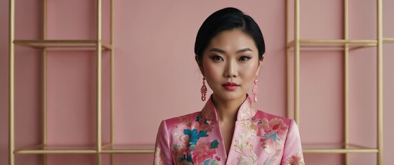 Sticker - asian woman in pink luxury lavish clothing photo shoot portrait for banner with copy space