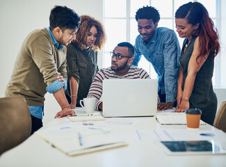 Canvas Print - People, planning and team work on laptop for problem solving, brainstorming or business solution in office meeting. Creative group talking of copywriting ideas, collaboration and workflow on computer