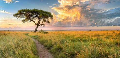 Wall Mural - the African savanna with an acacia tree in the foreground, the sky is dramatic and beautiful, the grassland has tall grasses and small bushes