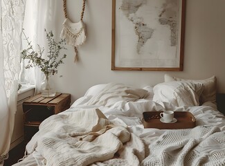 Wall Mural - Minimalist bedroom with white walls, soft bed linen and a cozy blanket on the bed, 