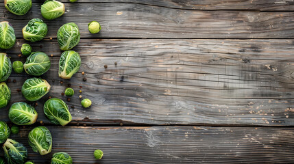 Wall Mural - copy space, stockphoto, close-up Brussels Sprouts on a wooden table. Healthy food concept. Fresh Brussels sprouts poster, design for vegetables store, vetetables department.