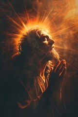 Canvas Print - Jesus christ wearing crown of thorns praying with eyes closed and a mysterious light above him