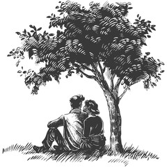 young couple sitting under the tree with engraving style black color only