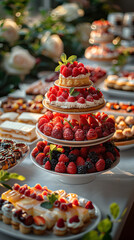 Wall Mural - Delicious fruits and pastries on a table in an outdoor garden