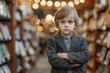 © neirfy - A young boy is seen wearing a plaid suit, immersed in a cozy ambiance in a library with soft bokeh lights
