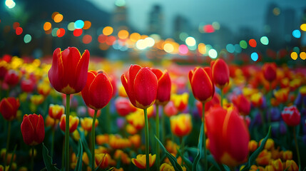 Poster - Close-up of beautiful tulips in the evening with city background