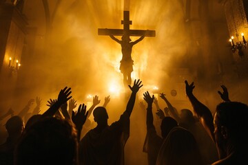 Wall Mural - Worshipers raising hands in praise to jesus christ on the cross in a church filled with warm yellow light