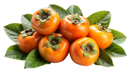 Wall Mural - Pile of ripe persimmons with green leaves isolated on transparent background