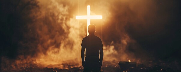 Wall Mural - Man standing in front of a glowing cross in a smoky, post-apocalyptic landscape