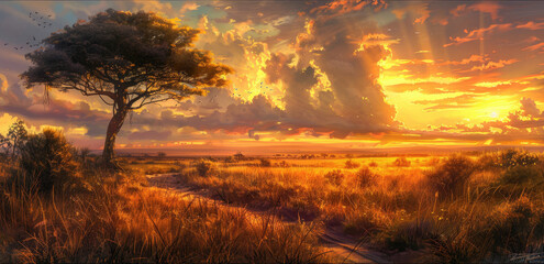 Wall Mural - the African savanna with an acacia tree in the foreground, the sky is dramatic and beautiful, the grassland has tall grasses and small bushes