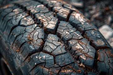 A close-up of the treads on a worn car tire, showcasing the cracks, dirt, and signs of heavy use