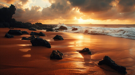 Black rocks on the beach, orange sand, blue sky, waves, misty sea