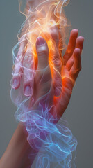 Sticker - Close-up of a real hand and an imaginary hand surrounded by smoke