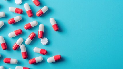 Poster - Medical pills on blue background macro photo with space for text