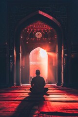 Wall Mural - Muslim man meditating in a mosque with sunlight streaming through the doorway, creating a silhouette