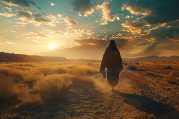 Wall Mural - Prophet strolls along a dusty path under a cloudy sunset sky