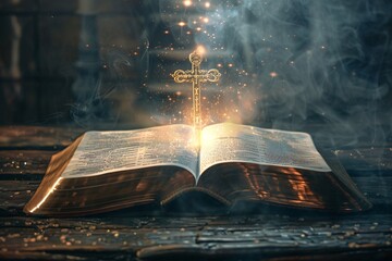 Wall Mural - Open holy bible on a wooden table is glowing from a golden christian cross above