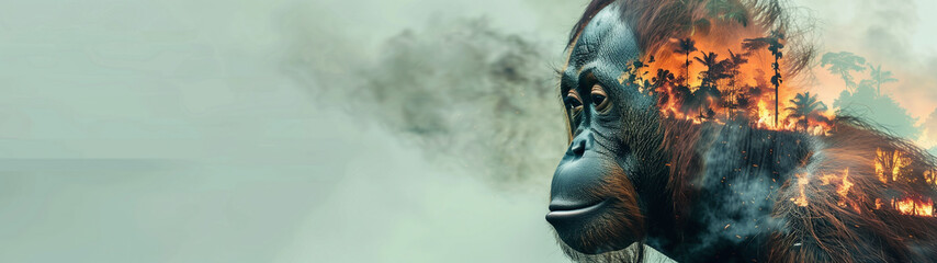 Orangutan double exposure with a burning jungle, concept of species extinction by slash-and-burn, created with generative AI technology