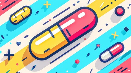 Wall Mural - A bright and lively illustration depicting various capsules and pills in a playful and artistic manner. Perfect for pharmaceutical, healthcare, and medical-themed designs.