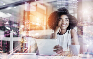 Poster - Double exposure, black woman and happy in office with tablet for online research, email and communication as hr manager. Female person, employee and thinking with smile, future and growth in business