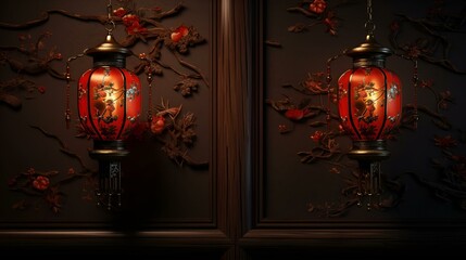  Two decorative Chinese lanterns displayed on a wall.