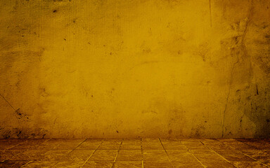 Wall Mural - yellow brown concrete perspective room for advertising. stamp concrete floor in grid pattern with weathered yellow concrete wall background. brown backdrop space for displayed product.