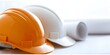 © Anastasiia - Adapting construction company to regulations following blueprints ensuring safety with hard hats. Concept Construction Regulations, Blueprint Compliance, Safety Protocols, Hard Hat Policy