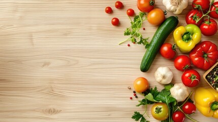 Wall Mural - Mixed veggies on light wood backdrop with space for text