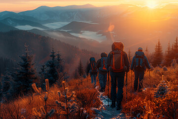 Wall Mural - Backpacker walking in the sunset in the snowy mountains