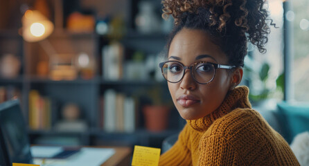 Poster - Focused businesswoman with curly hair working on a project in a home office