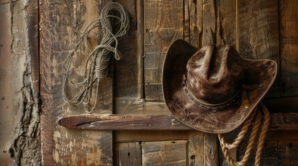 Old door with rope and cowboy hat made of leather