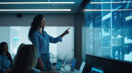 Poster - A businesswoman confidently presenting data on a large screen in a modern conference room. She points to various charts and graphs, engaging her audience, who are seated with laptops.