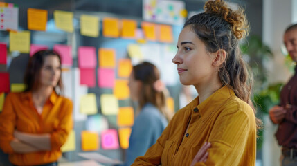 Fototapete - A smiling woman sitting at a desk in a bright workspace.