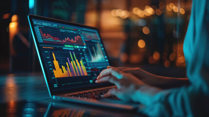 Aufkleber - Businesswoman Analyzing Data on Laptop with Visible Charts and Graphs