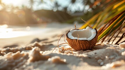 Wall Mural - Close up shot of a coconut half on a sandy beach, with the white flesh and brown shell in sharp contrast against the golden sand