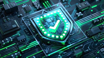 Wall Mural - Digital security shield icon on a circuit board background. Printed circuit board. Technology background. 3D illustration. PCB, Code, HTML. AI generated illustration