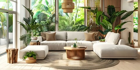 Wall Mural - Contemporary living room with modular sofa wooden table and tropical plants. Concept Living Room Design, Modular Furniture, Wooden Elements, Tropical Plants, Contemporary Decor