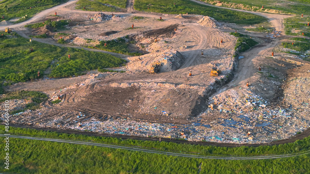 AERIAL: Municipal garbage dump with waste burial and partially restored ...