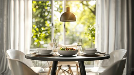 Wall Mural - A modern dining room with a simple table, white chairs, a single pendant light, and an empty, clean backdrop with a hint of greenery outside the window