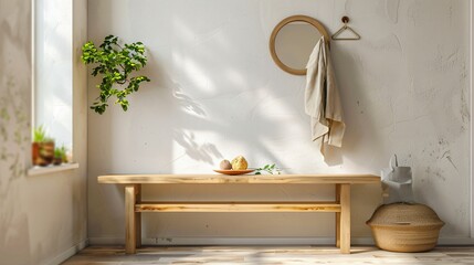 Wall Mural - A modern, minimalist entryway featuring a simple wooden bench, a single coat hook, a clean white wall, and a small mirror