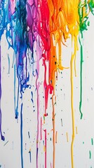 Wall Mural - Colorful paint drips down a white wall, creating a vibrant abstract background perfect for adding a pop of color to any project