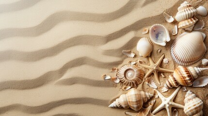 Wall Mural - Seashells on sandy beach with space for text travel theme