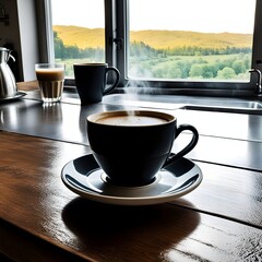 Wall Mural - coffee on a wooden table