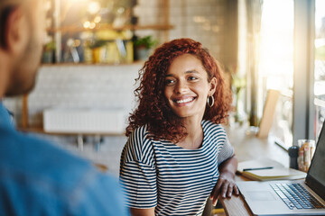 Poster - Happy, conversation and woman in coffee shop with laptop for freelance creative project. Smile, discussion and female copywriter with computer for research talking to friends at cafe in Brazil.