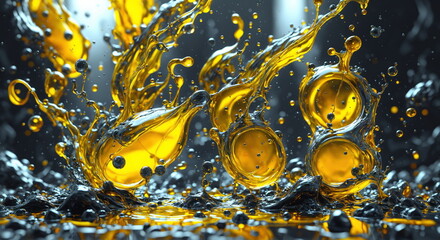 Poster - Vibrant golden liquid splashing and forming intricate shapes against a dark backdrop. Liquids movement creates a dynamic sense of energy and fluidity