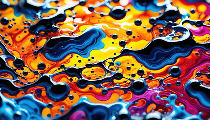 Poster - Close-up of a mesmerizing abstract artwork featuring vibrant, swirling liquids in hues of blue, purple, orange, and yellow, interspersed with large, glossy black bubbles