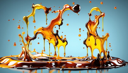 Poster - Vibrant oil splash with golden drops and a blue background. The oil creates abstract shapes and forms as it falls and spreads