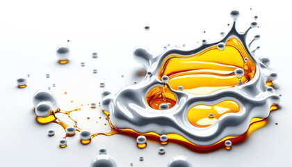 Poster - White liquid with a variety of golden droplets and splashes. The liquid has a smooth, flowing texture and the droplets are scattered across the surface