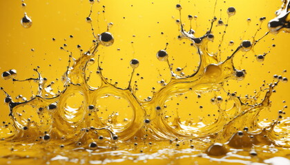 Poster - Golden liquid splashing against a yellow background, creating intricate patterns and droplets. Dynamic movement of the liquid as it interacts with the surface