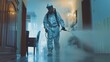 © jbstocks - A photo of a pest control technician spraying the inside of a home with pesticide, Generative AI illustrations.